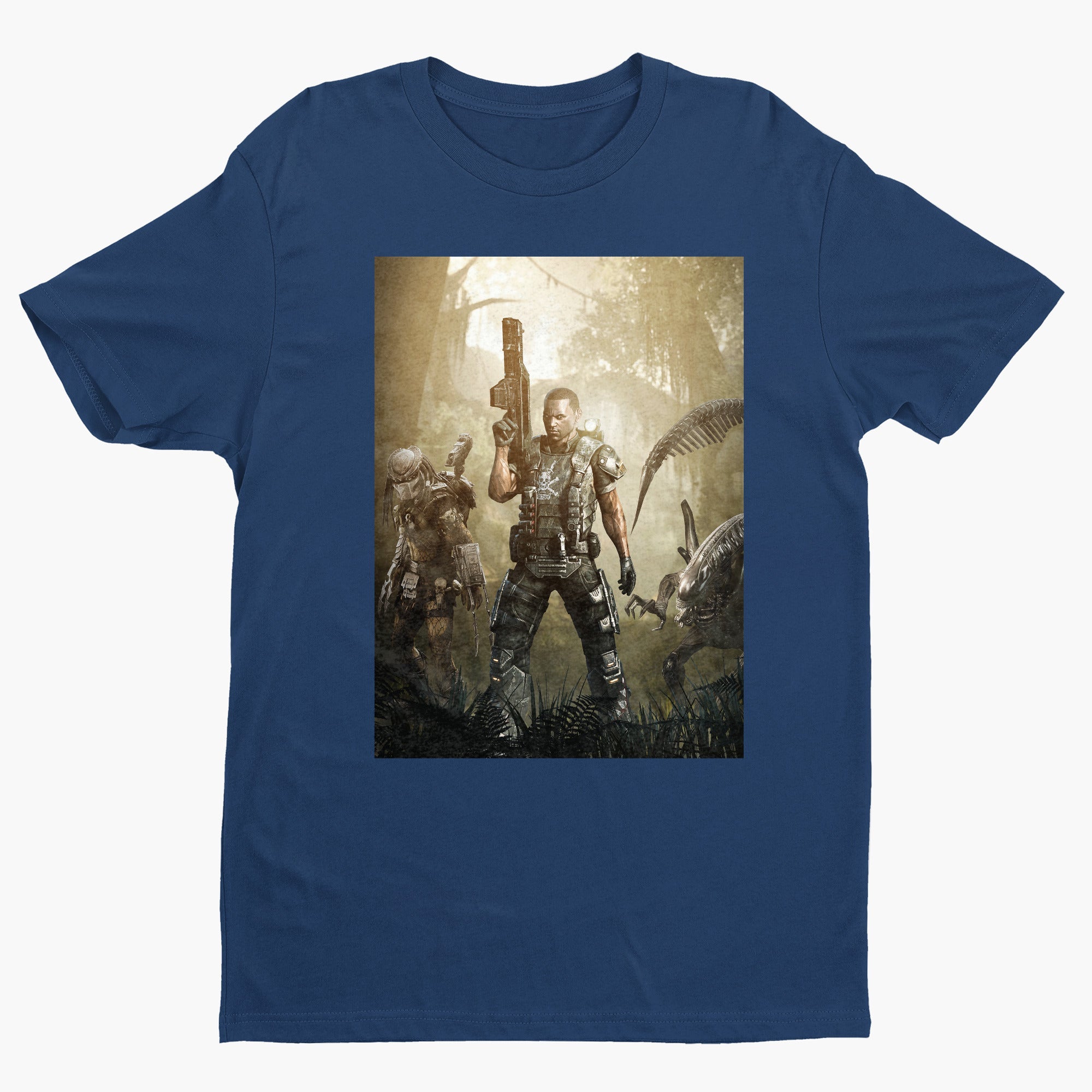 Aliens vs. Predator Colonial Marine tee — navy unisex t-shirt, front view